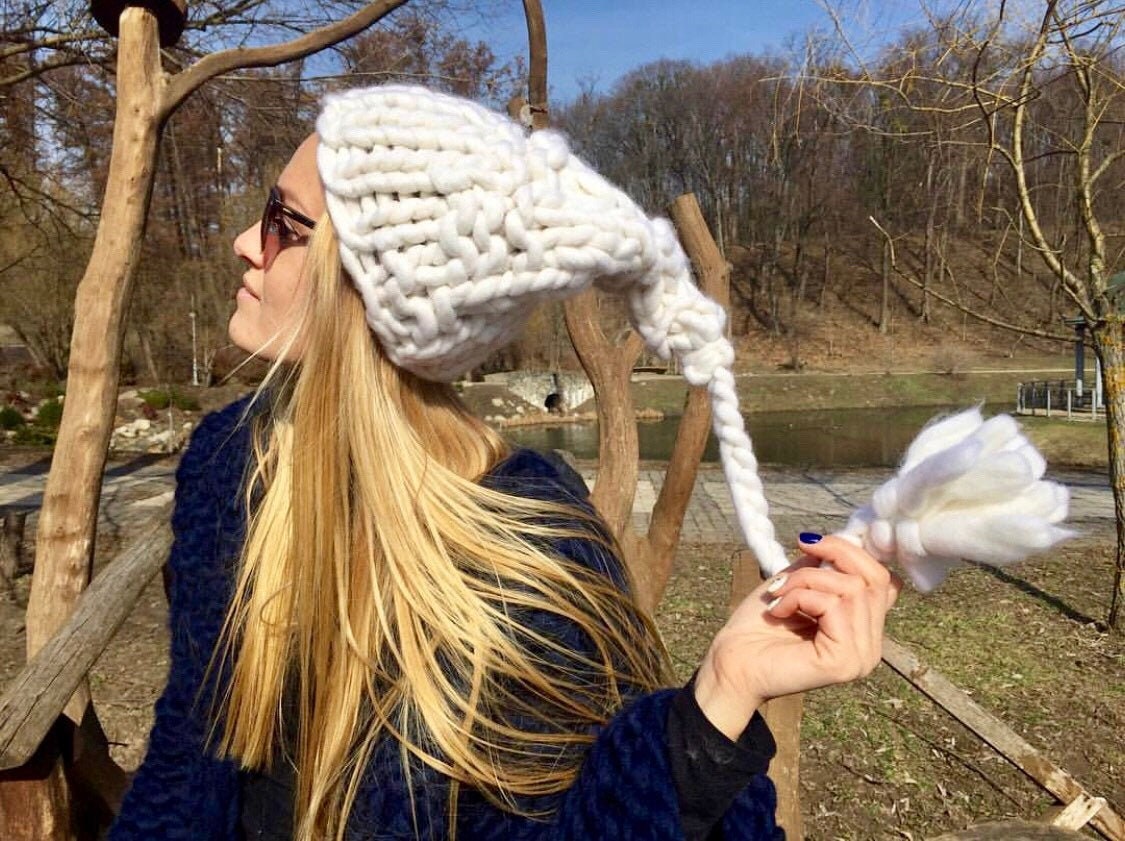 Long tail knit hat Chunky wool elf hat women Knitted elf Etsy