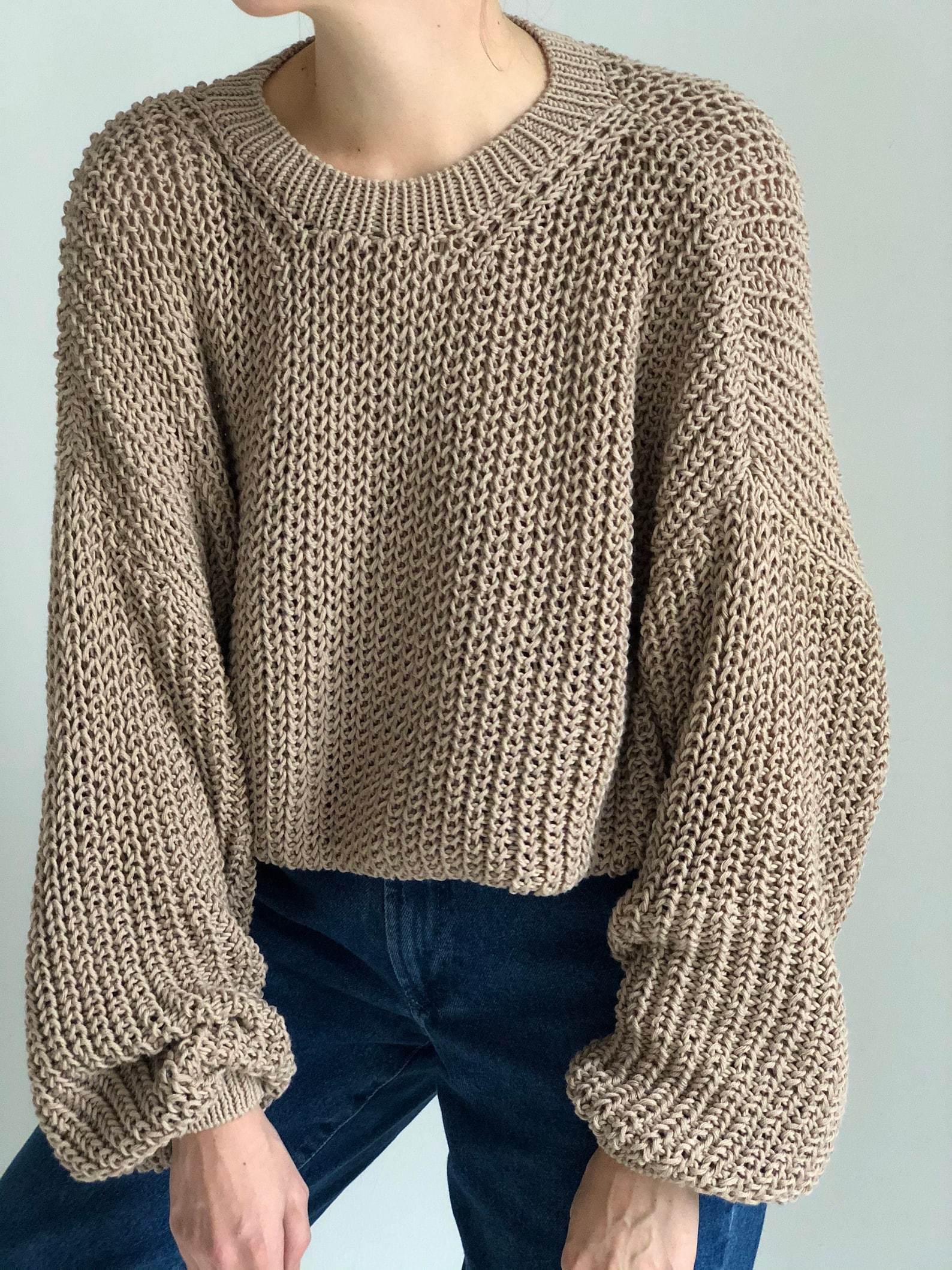 Chunky cotton rib knit sweater crew neck Brown hand knitted Etsy