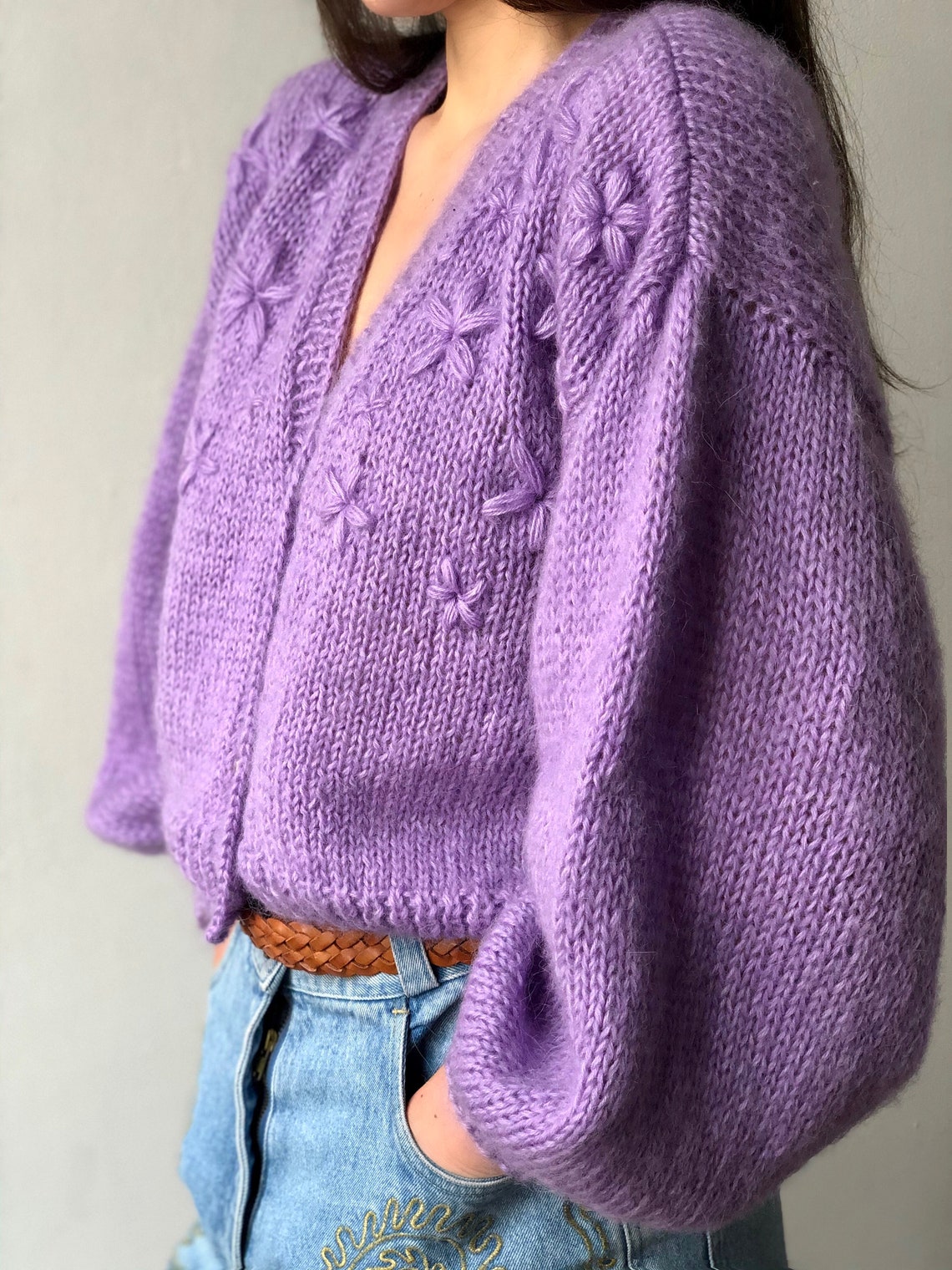 Mohair crop cardigan Lilac Hand knit V neck cropped cardigan Etsy