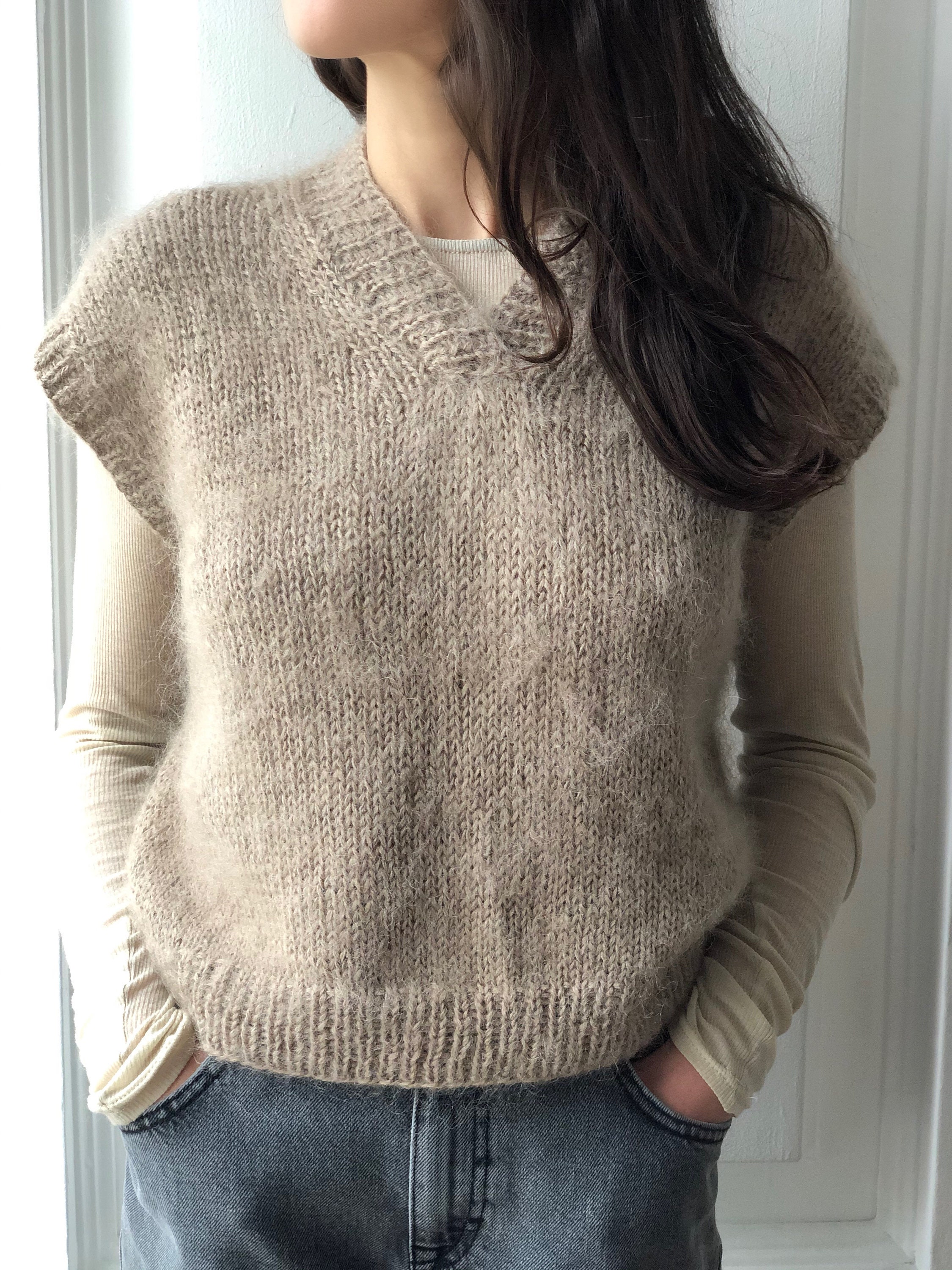 Hand knit mohair vest Beige Vintage style v neck minimal Etsy