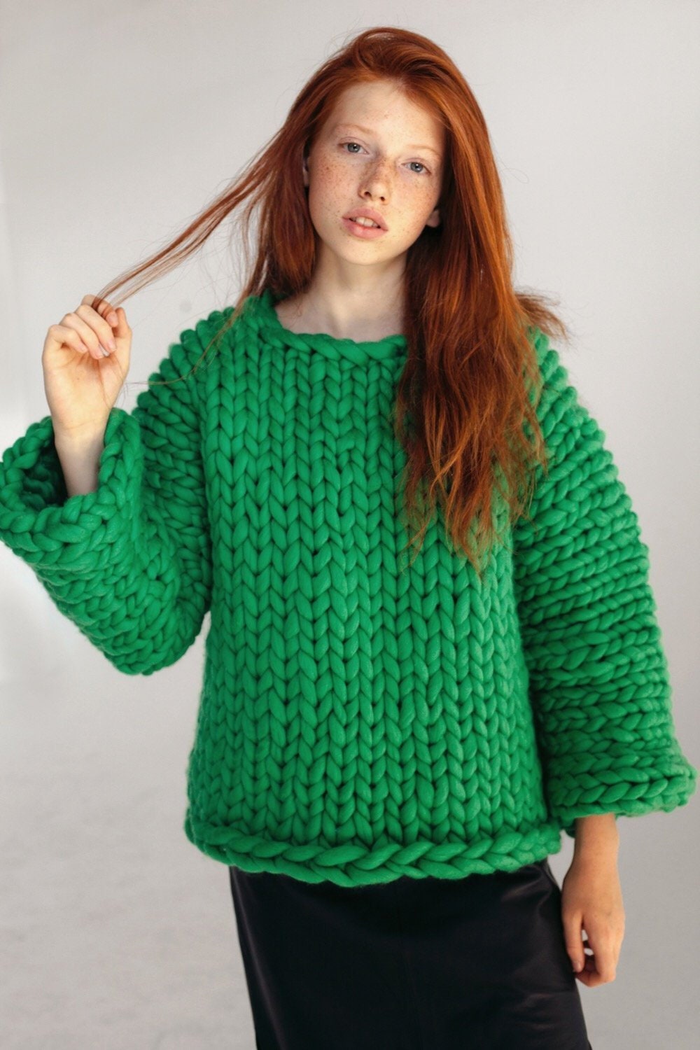 Vert gros pull tricoté à la main pull en laine mérinos ...
