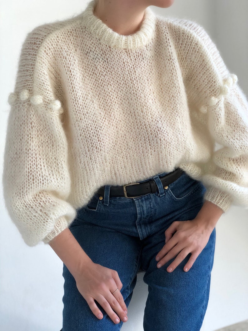 Popcorn mohair sweater Milky white Bubble sweater crew neck Etsy