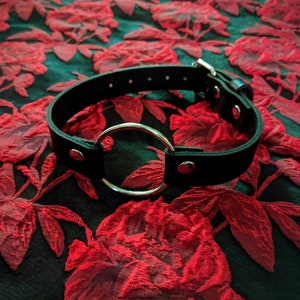 May include: A black leather choker with a silver metal ring. The choker is lying on a red floral fabric.