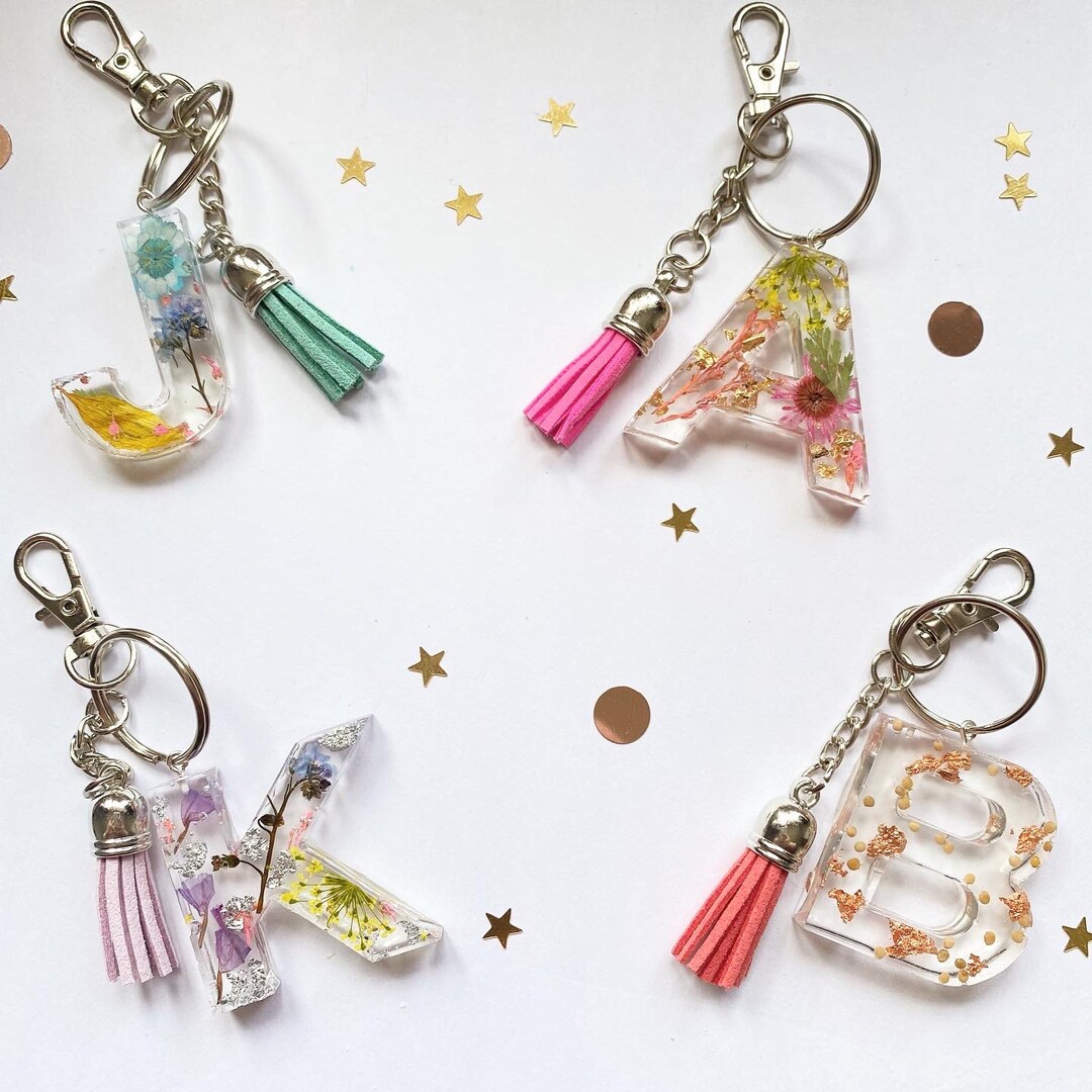 Pressed Powder On Key Chain Resin Initial Keychain With Tassel | Pressed Flower Keyring - Etsy