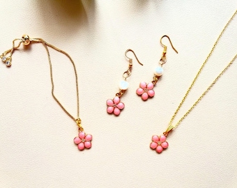 Sakura Cherry Blossom Jewelry: Gold Necklace, Bracelet & Earrings
