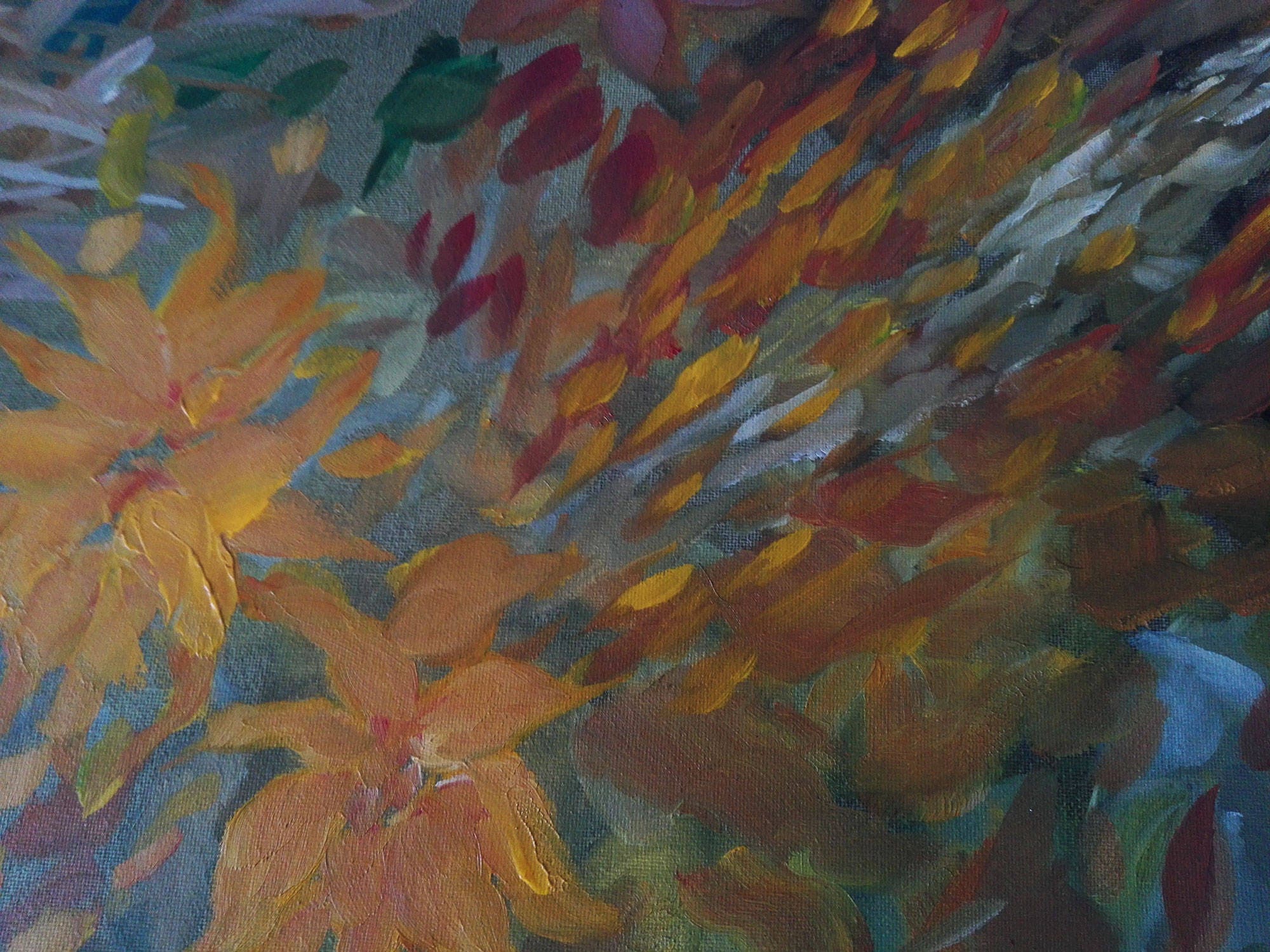 Meadow flowers painting made by TideGifts medium size picture Original oil on canvas panel orange-cad.yellow-cad.red- emerald green
