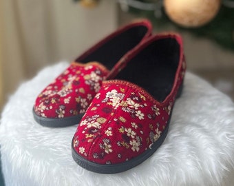 Red women's textile slippers with flower print, Ukrainian slippers, Made in Ukraine
