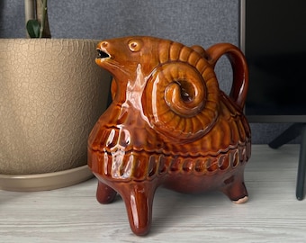 Vintage Vasylkiv Maiolica Ceramic Jug, Lamb Liqueur Pitcher, Ukrainian Pottery