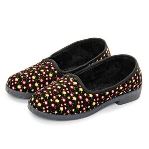Black women&#39;s textile slippers with flower print, Ukrainian slippers, Made in Ukraine