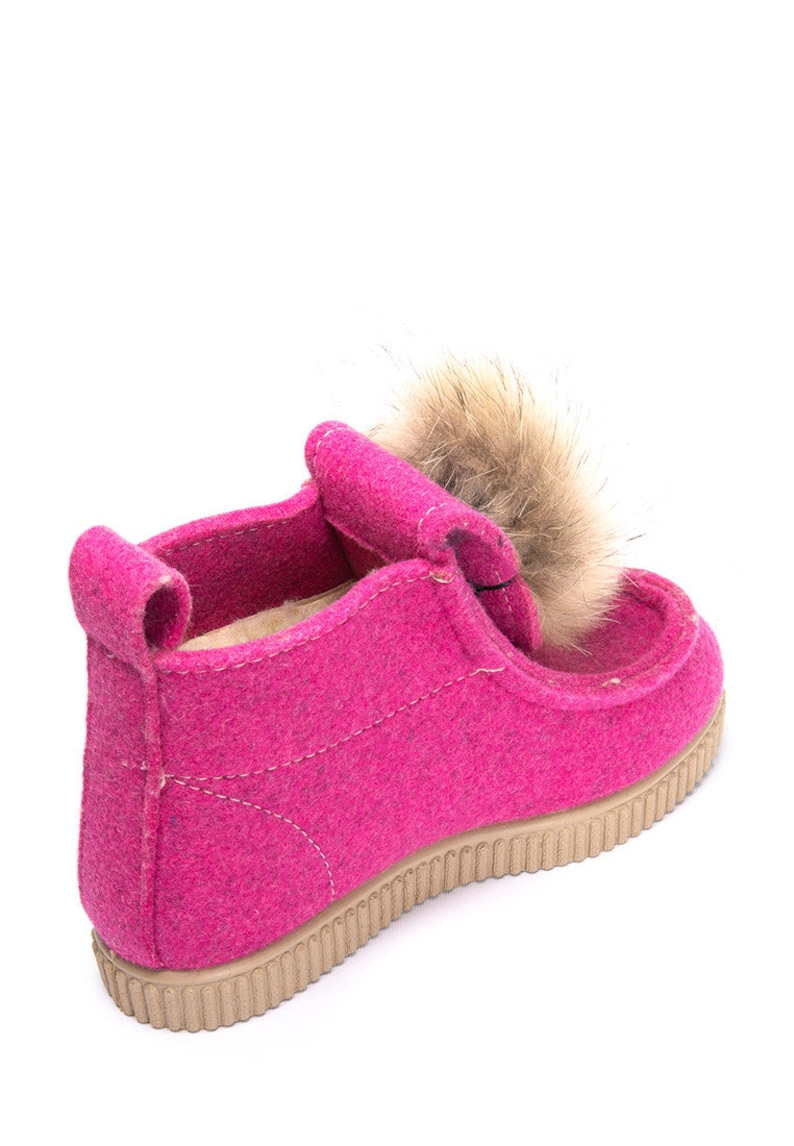 May include: Pink felt boots with a brown fur pom-pom on top. The boots have a beige rubber sole.