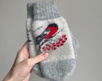 Angora Wool Mittens with Bullfinch, Ukrainian Gift, Made in Ukraine