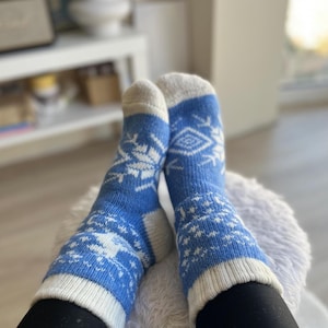 Wool Socks with Deer Ornament, Blue Christmas Socks, Unisex Ukrainian Winter Socks, Made in Ukraine