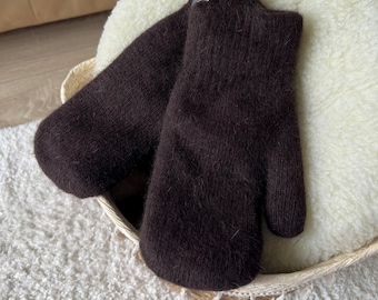 Chocolate Brown Angora Wool Mittens, Carpathian Gift