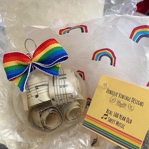 Rainbow Ribbon- 100 Year old Antique Sheet Music Blown Glass Globe Ball Rainbow Christmas Tree Ornament-Holiday- Rainbow
