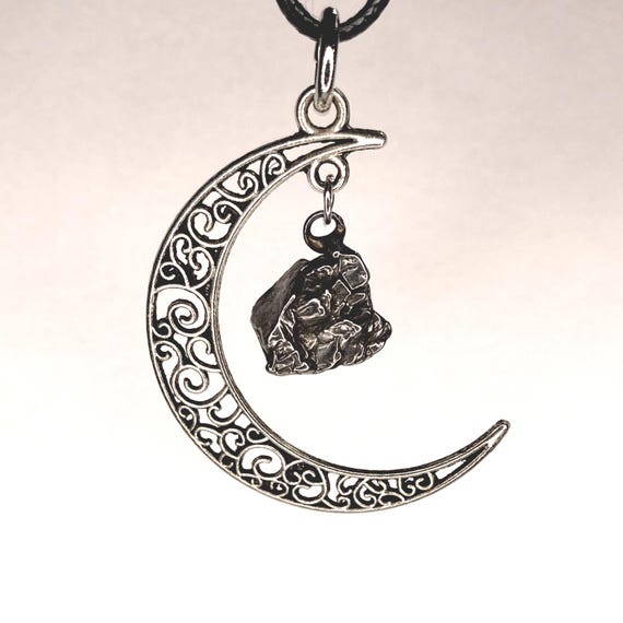 Raw Genuine Campo del Cielo meteorite in a Celtic Style Crescent Moon Pendant Custom Choice-Black, Gunmetal, RoseGold, Gold, Antique Brass