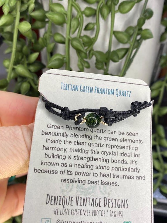 6mm Tibetan Green Phantom Quartz on Adjustable Leather or Cord Friendship Bracelet- Silver/Steel/Copper/Bronze/14K Gold/RoseGold/Niobium-