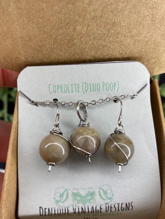 Set-Fossilized Coprolite (Dino Poop) 10mm Dangly Swirl Earring -Pendant Bracelet charm- Steel/Black Iron/Titanium/14K Gold/RoseGold/Niobium-