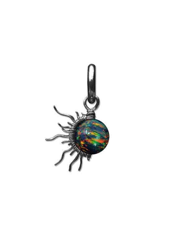 Mini Sunburst Black Fire Opal Sunburst Wire Pendant- or Bracelet Charm Silver/Steel/Copper/Bronze/14K Gold 14K Rose Gold/ October Birthstone