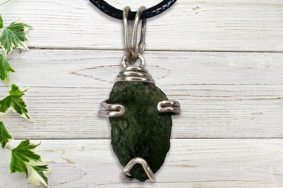Raw Genuine Moldavite Pendant in Wire Prong Setting- Silver/Steel/Copper/Bronze/14K Gold 14K Rose Gold/Black Niobium- Cert. of Authenticity