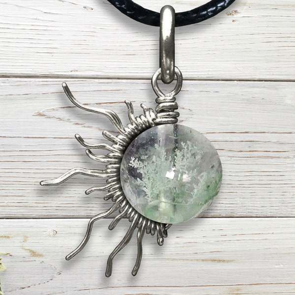 Tibetan Ice Green Phantom Quartz Sunburst Wire Pendant- Silver/Steel/Copper/Bronze/14K Gold 14K Rose Gold/Black Niobium Bracelet Charm