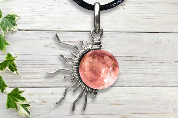 Pink Tourmaline Sunburst Wire Pendant- Silver/Steel/Copper/Bronze/14K Gold 14K Rose Gold/Black Niobium - Bracelet Charm