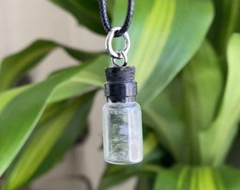 Op de afbeelding: Een zilveren ketting met een klein glazen flesje hanger gevuld met glitter. De fles heeft een zwarte kurkstop en hangt aan een zwart koord.