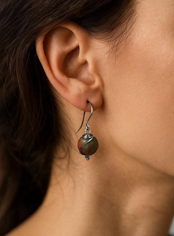 Dangly Swirl Fossilized Coprolite (Dino Poop) 10mm Earrings- Silver/Steel/Black Iron/Titanium/14KGold/RoseGold/Black Niobium- Drop Earring