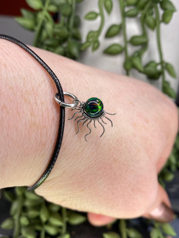 Mini Sunburst Black Fire Opal Sunburst Wire Pendant- or Bracelet Charm Silver/Steel/Copper/Bronze/14K Gold 14K Rose Gold/ October Birthstone
