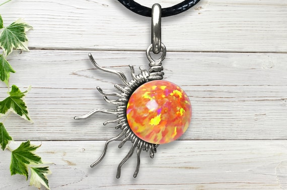 Orange Fire Opal Sunburst Wire Pendant- Silver/Steel/Copper/Bronze/14K Gold 14K Rose Gold/ Bracelet Charm October Birthstone