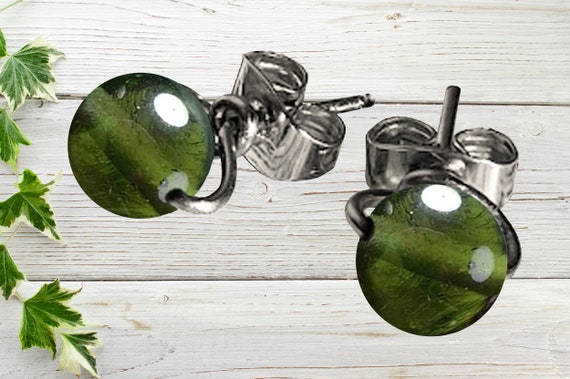 Genuine Moldavite 6mm Simple Post Earrings- Silver/Steel/Black Iron/Titanium/14K Gold/Rose Gold/Black Niobium- Meteorite Stud Earrings