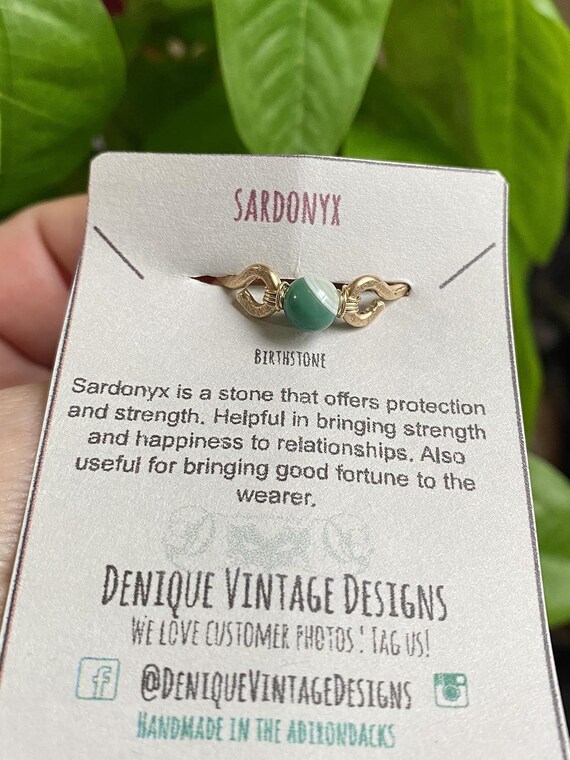 Emerald Sardonyx 6mm Bead Hand Hammered Wire Ring- August Birthstone Steel/Copper/Bronze/Titanium/14K Gold/Rose Gold/ Niobium- Sizes 4-16