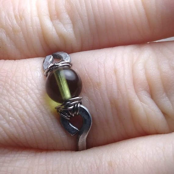 Genuine Moldavite 6mm Bead Ring- Silver/Steel/Copper/Bronze/Titanium/14K Gold/Rose Gold/Black Niobium- Hammered Ring Sizes 4-16