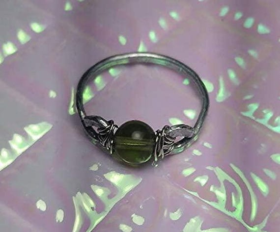 Genuine Moldavite 6mm Bead Ring- Silver/Steel/Copper/Bronze/Titanium/14K Gold/Rose Gold/Black Niobium- Hammered Ring Sizes 4-16