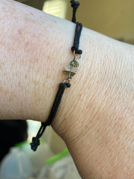 2 Real Moldavite Chips and one Herkimer Diamond Bead Bracelet- Silver/Steel/Copper/Bronze/14K Gold/Rose Gold/Niobium- Adjustable Cord