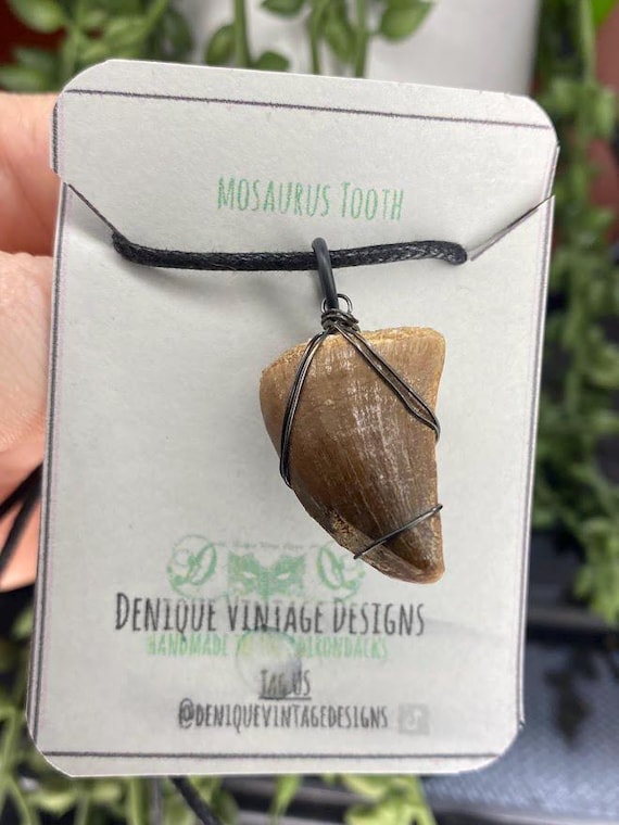 Large -Genuine Fossilized Mosasaurus Tooth Wire Pendant- Silver/Steel/Copper/Bronze/14K Gold 14K Rose Gold/ Black Niobium - Mosasaur teeth