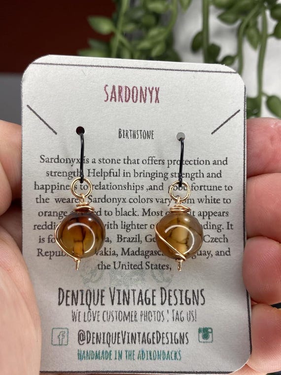 Dangly Swirl Dragon Vein Sardonyx 10mm bead Earrings- Steel/Black Iron/Titanium/14K Gold/Rose Gold/Niobium-  August Birthstone Drop Earring