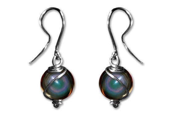 Dangly Swirl Rainbow Obsidian Minamalist 10mm bead Dangle Earrings- Silver/Steel/Black Iron/Titanium/14K Gold/Rose Gold/Black Niobium