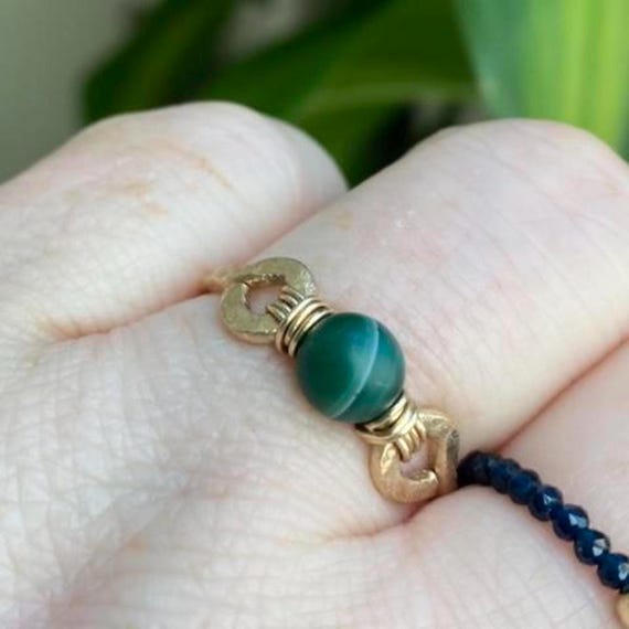 Emerald Sardonyx 6mm Bead Hand Hammered Wire Ring- August Birthstone Steel/Copper/Bronze/Titanium/14K Gold/Rose Gold/ Niobium- Sizes 4-16