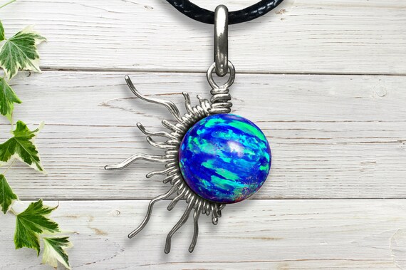 Pacific Blue Fire Opal Sunburst Wire Pendant- Silver/Steel/Copper/Bronze/14K Gold 14K Rose Gold/ Bracelet Charm October Birthstone