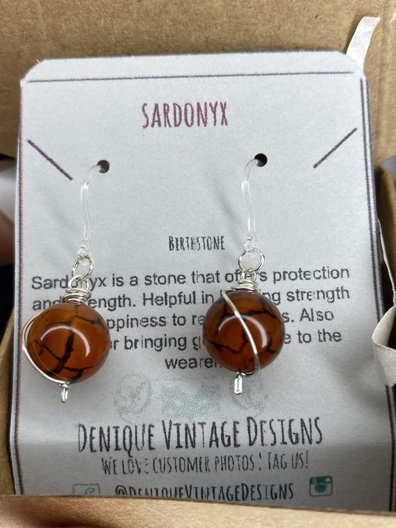 Dangly Swirl Dragon Vein Sardonyx 10mm bead Earrings- Steel/Black Iron/Titanium/14K Gold/Rose Gold/Niobium- August Birthstone Drop Earring