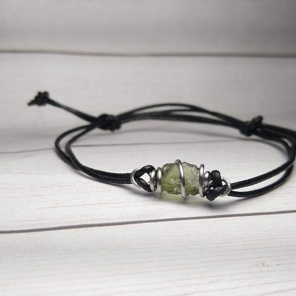 Genuine Raw Moldavite Wire Wrapped Cage Bracelet- Silver/Steel/Copper/Bronze/14K Gold/Rose Gold/Niobium- Adjustable Leather or Waxed Cord