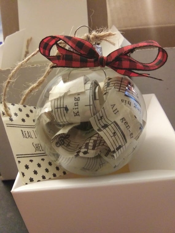 Buffalo Plaid 100 Year old Antique Sheet Music Blown Glass Globe Ball- Snowflake- Rainbow Christmas Tree Ornament-Holiday- Red Plaid