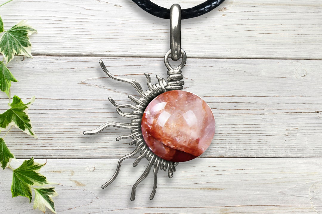 Fire Quartz Sunburst Wire Pendant- Silver/steel/copper