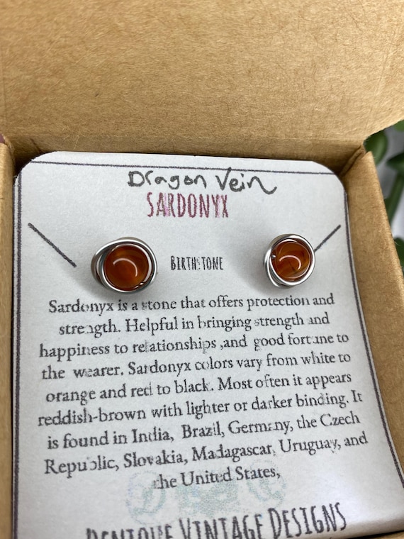 Dragon Vein Sardonyx 6mm Wire Post Earrings-Black Iron, Titanium, Steel, Silver,14K Rose Gold or 14k Gold Wire Birthstone Stud Earring