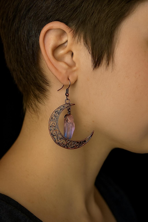 Celtic Crescent Moon Earrings Blue Pink Quartz Point  Silver/Steel/Copper/Bronze/Gold -Rose Gold Patina Transgender Flag-Trans Pride
