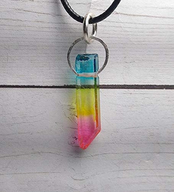 Rainbow Pride Quartz Point with Hammered top Pendant- Silver/Steel/Copper/Bronze/14K Gold 14K Rose Gold/Niobium  Gay Pride Flag LGBTQIA