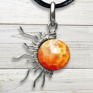 Fire Agate Sunburst Wire Pendant- Silver/Steel/Copper/Bronze/14K Gold 14K Rose Gold/Black Niobium - Bracelet Charm Gemini Zodiac Stone