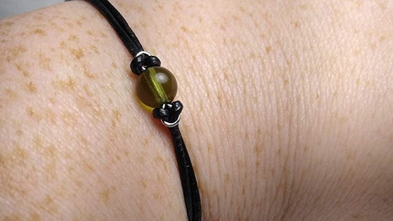 Real 6mm Moldavite Bead Friendship Bracelet- Silver/Steel/Copper/Bronze/14K Gold/Rose Gold/Niobium- Adjustable Leather or Waxed Cord