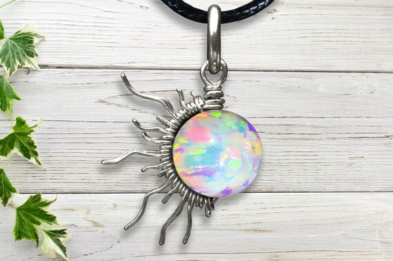 White Fire Opal Sunburst Wire Pendant- Silver/Steel/Copper/Bronze/14K Gold 14K Rose Gold/ Bracelet Charm October Birthstone