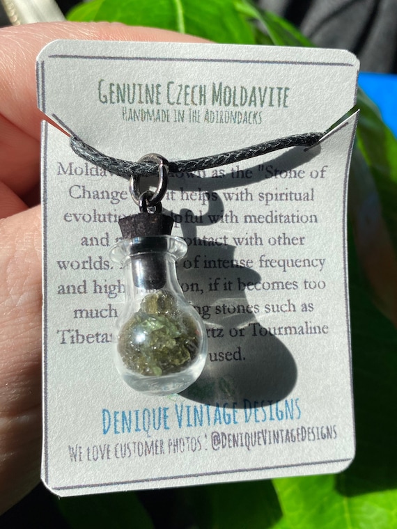 Raw Genuine Moldavite Pieces in Very Small Glass Vial (Bottle) With Black Cork Pendant With Cert. of Authenticity
